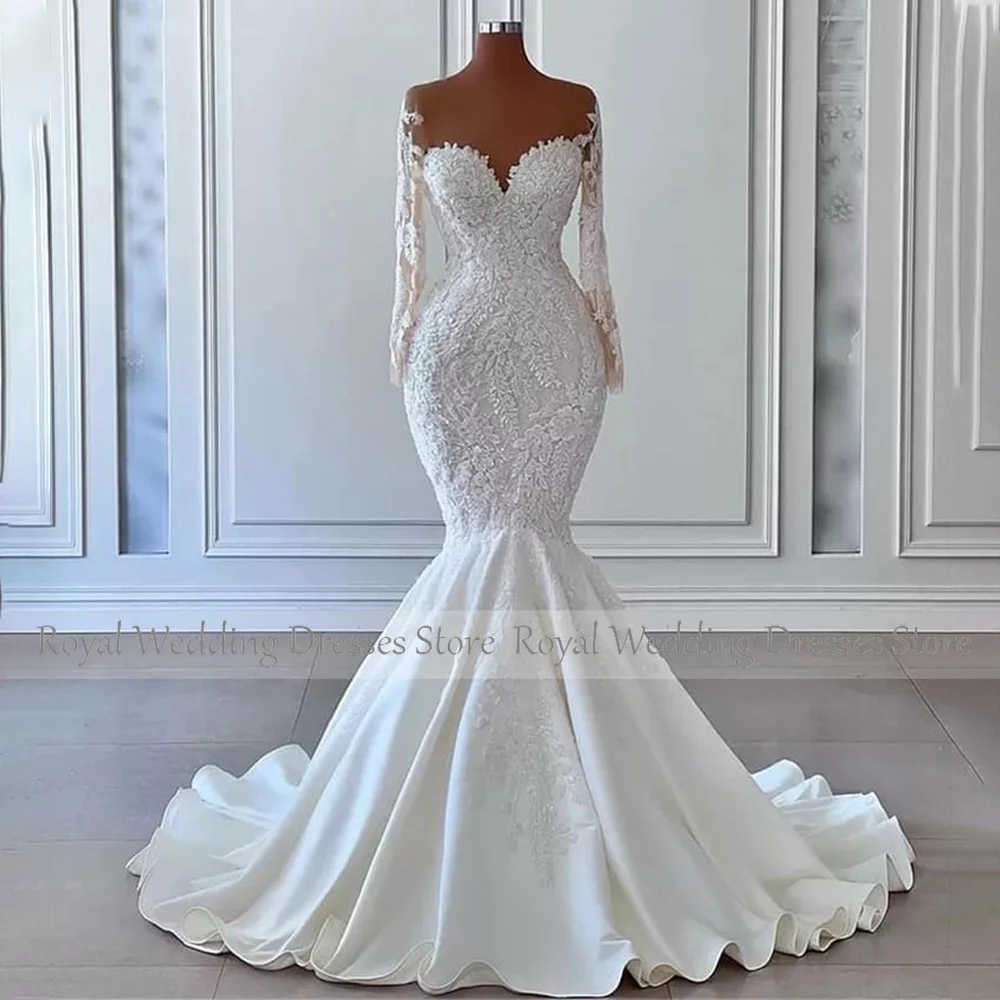 Vestido de casamento marfim com aplique, Pescoço puro, Vestidos sereia para noiva, Manga comprida, Vestidos de noiva cetim, Elegante e luxo