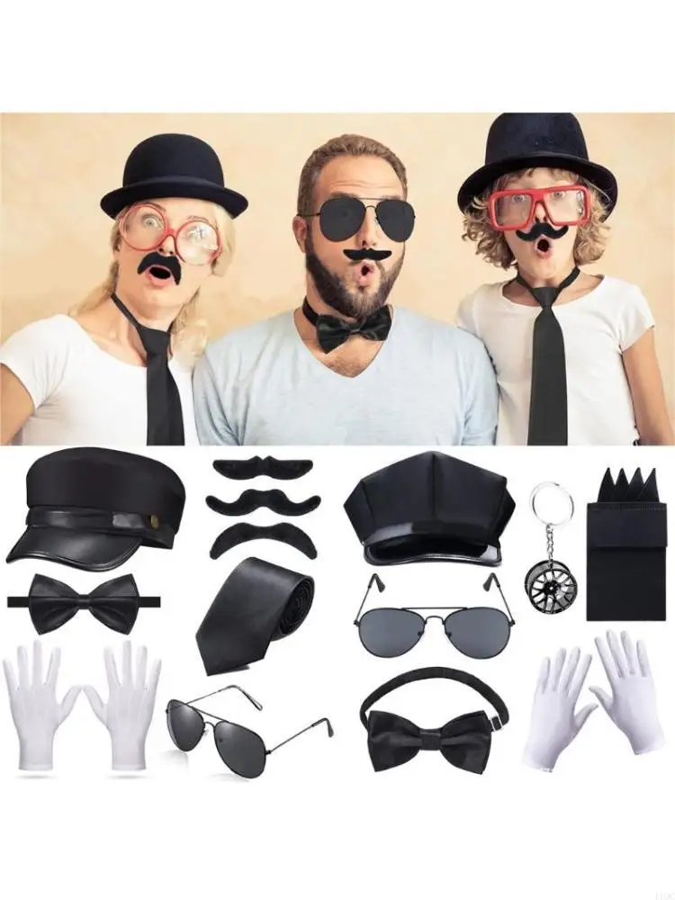 Chauffeur Suit Bowtie Eyeglasses and Gloves Set for Halloween Photo Props 