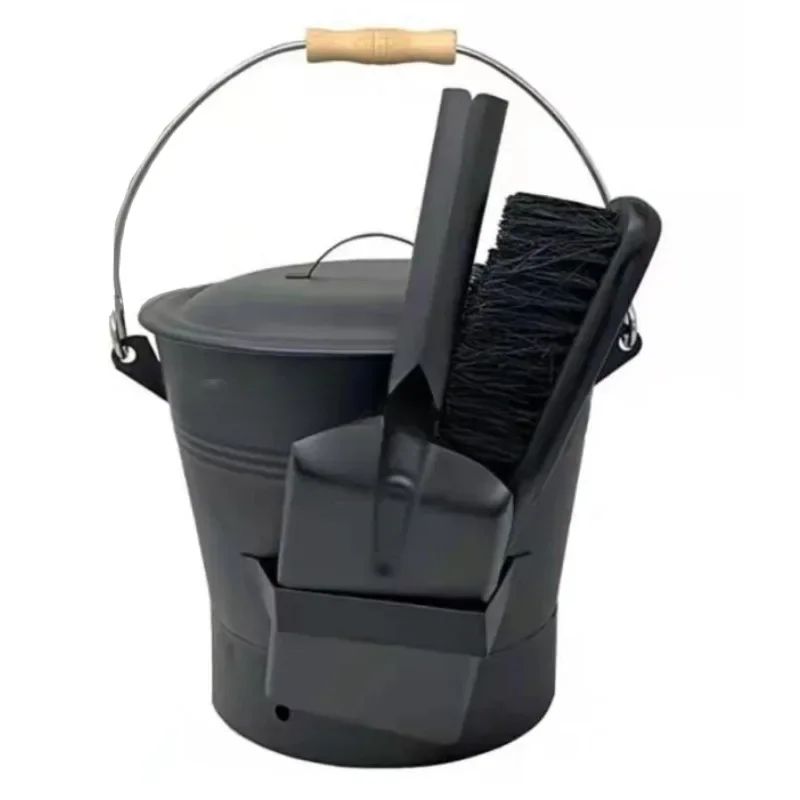 Heavy Duty Metal Fireplace Coal Ash Bucket with Lid And Shovel Scoop Hand Broom Tool Set