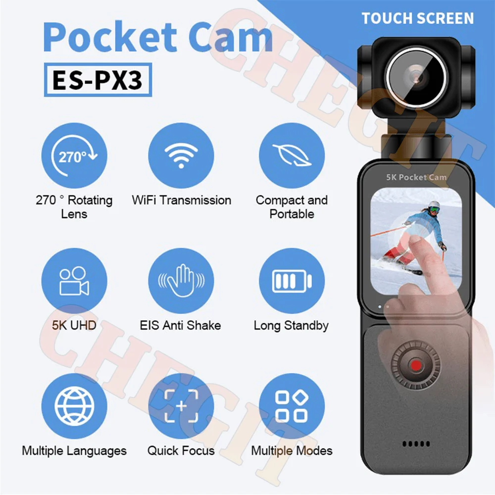 كاميرا الجيب بشاشة 1.69 بوصة 4K/5K Ultra WIFI أو شاشة تعمل باللمس 270 °   Vlog Mini Sports Cam Helmet مسجل سائق الدراجة للسفر