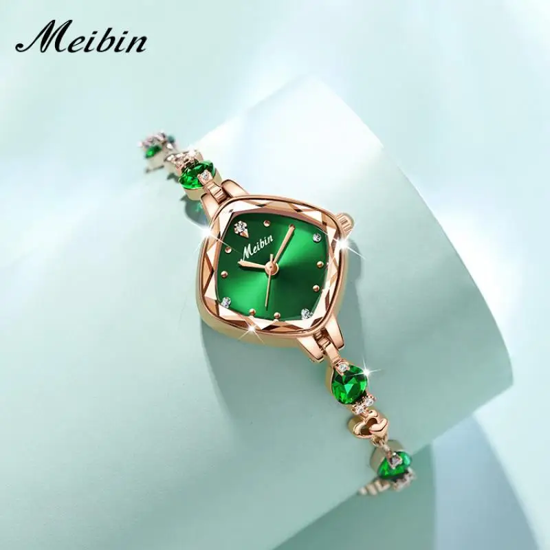 MEIBIN-Relógios de pulso strass quadrado para mulheres, pequeno mostrador verde, marca de luxo, pulseira de ouro rosa, senhoras, 2023