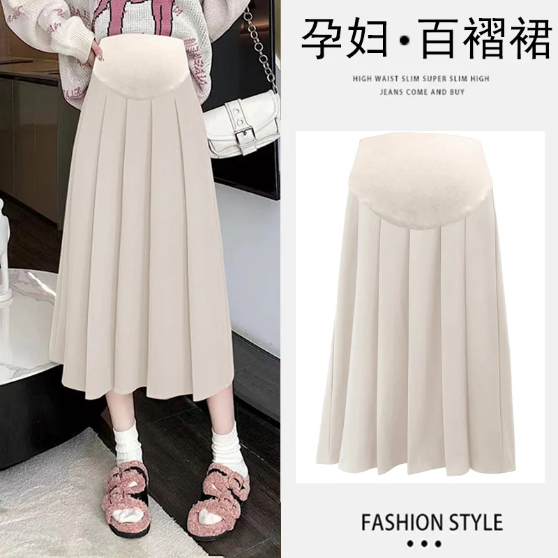 3351# 2023 Autumn Winter Fashion Pleated Woolen Maternity Skirts Elastic Waist Belly Loose Clothes for Pregnant Women Pregnancy