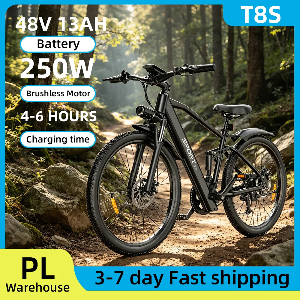 Bicicletta elettrica Uplee T8/T8S con batteria da 250 W e 48 V, 13 Ah, pneumatici da 26 pollici, 7 velocità, schermo LCD e freni a disco idraulici, ideale per adulti, per spostamenti urbani e per