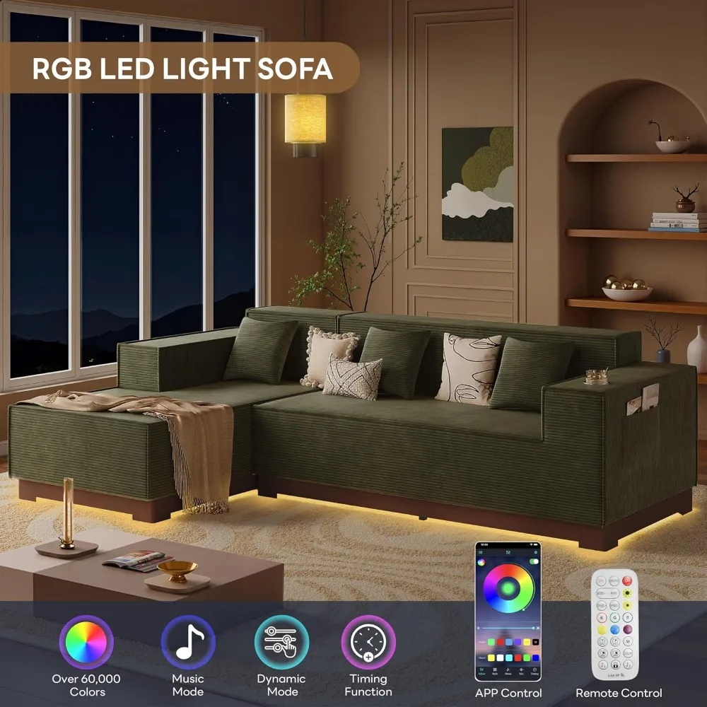 LED Işıklı 110” L Şeklinde Kanepe, Büyük Boy Şezlonglu Bulut Şeklinde Kemiksiz Kanepe, Derin Oturma Alanı, Dahili Tutucu ve Depolama Alanı
