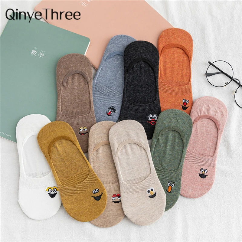 Embroidered Expression Women Invisible Socks Cool Slippers Fashion Summer No-Show Cotton Candy Color Dropship