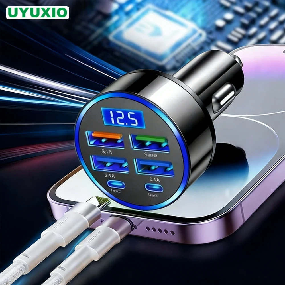 

Многопортовое автомобильное зарядное устройство UYUXIO USB-C с дисплеем напряжения, адаптер для сверхбыстрой зарядки 6-в-1 для Huawei iPhone 16 15 Pro Max