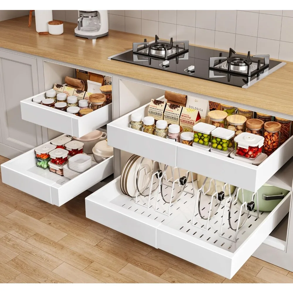 

NEW 4 Pack Pull out Cabinet Organizer 21"Deep with Raising Pad for Framed Cabinets, Expandable Slide out Drawers - Free Delivery