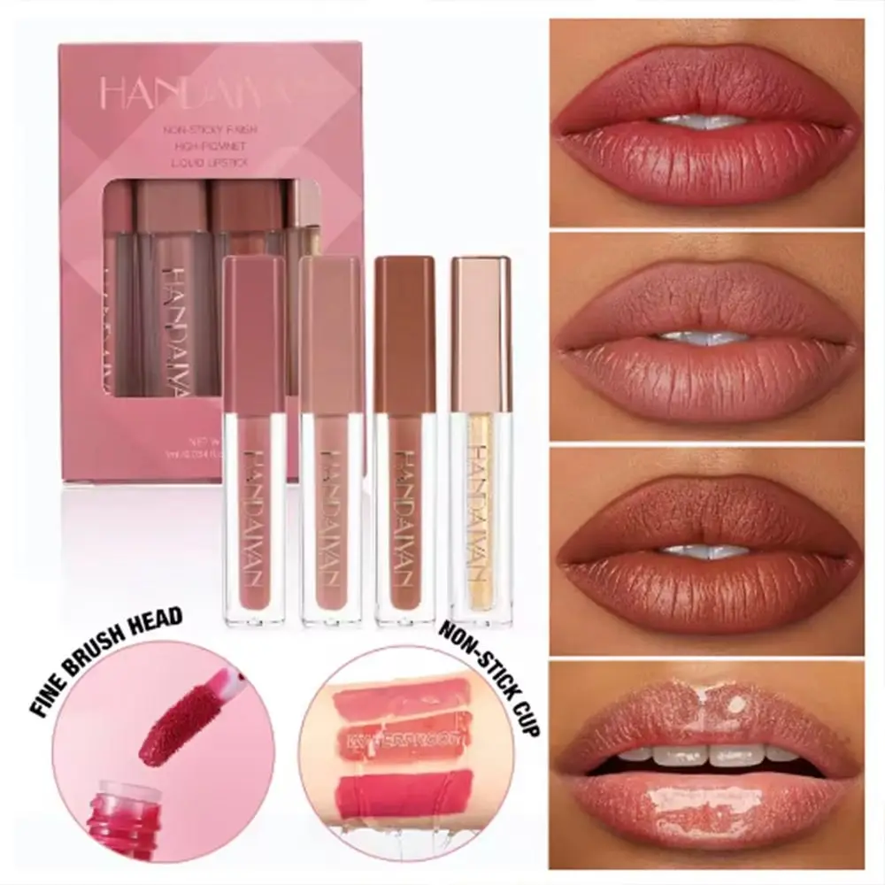 

4Pcs/Box Silky Nude Lip Gloss Set Easy To Color Pearlescent Matte Velvet Lipstick Waterproof Non-stick Cup Mist Lip Glaze Gift