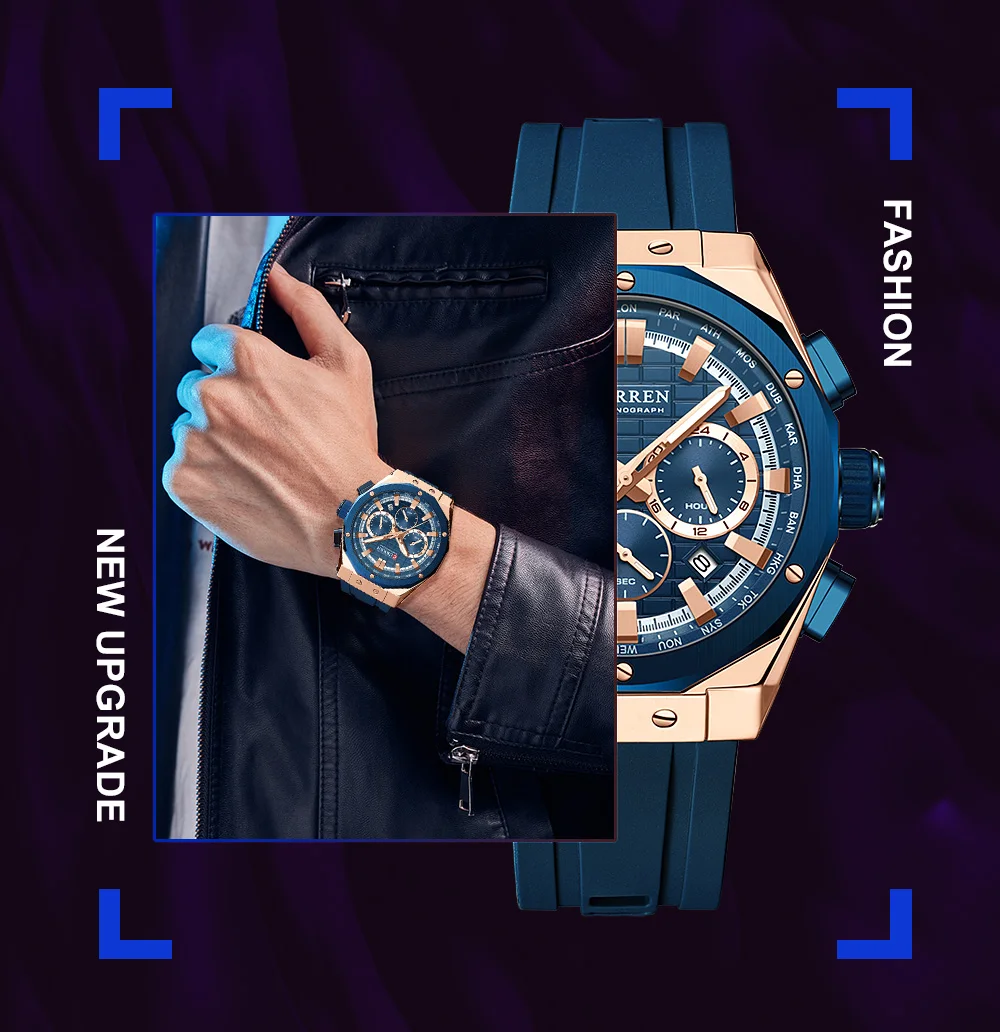 CURREN Luxusmarke Hochwertige Chronograph-Leuchtuhren für Herren mit Silikonarmband, Lässige Sportliche Wasserdichte Quarz-Armbanduhr – Detail 2