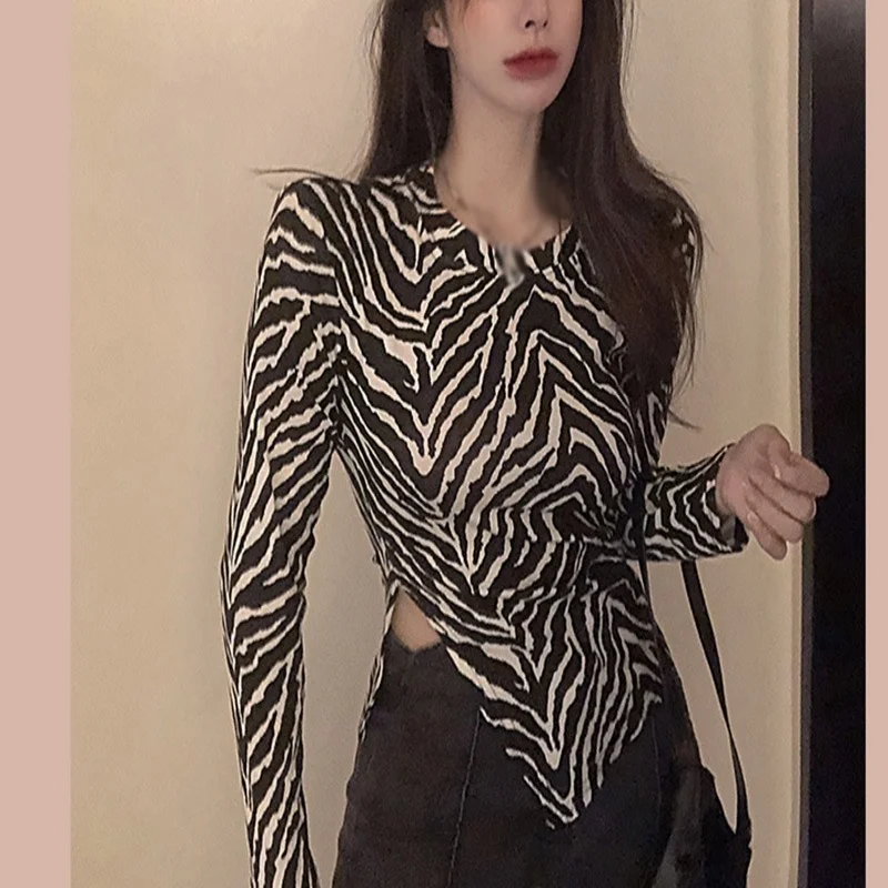 Women\'s Color Block Zebra Print Striped Long Sleeve Slim Fit Sexy Blouse