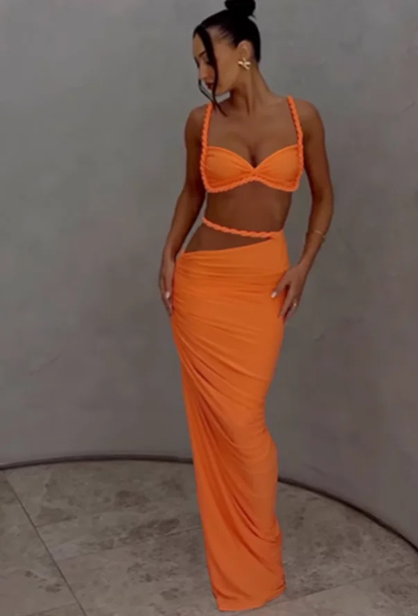 Chekra Walk Solid Color Sexy Hollow Out Twisted Rope Suspender Dress Women's Cut-Waist Slimming Long Dress