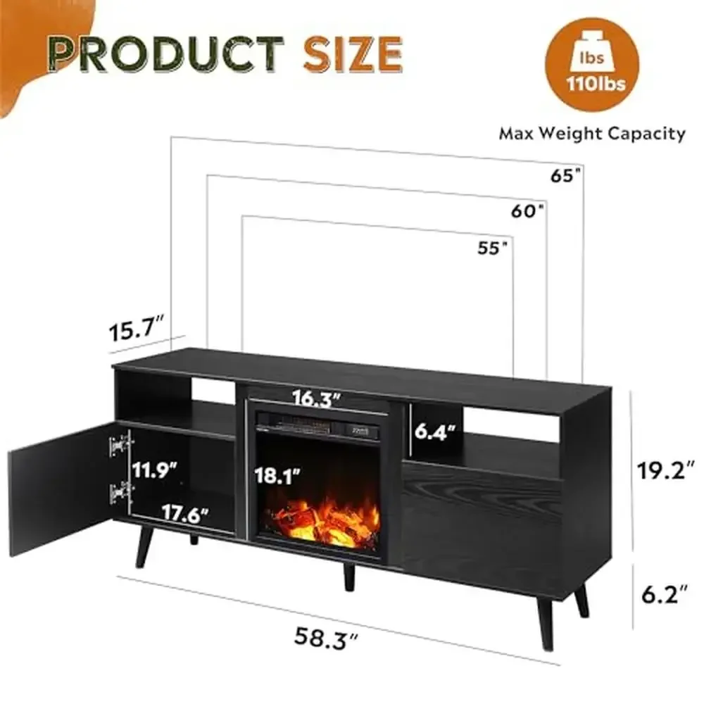 Entertainment Center TV Stand 65 Inch TV with Electric Fireplace 2 Storage Cabinets and Cable Management Modern Design 58 Inch