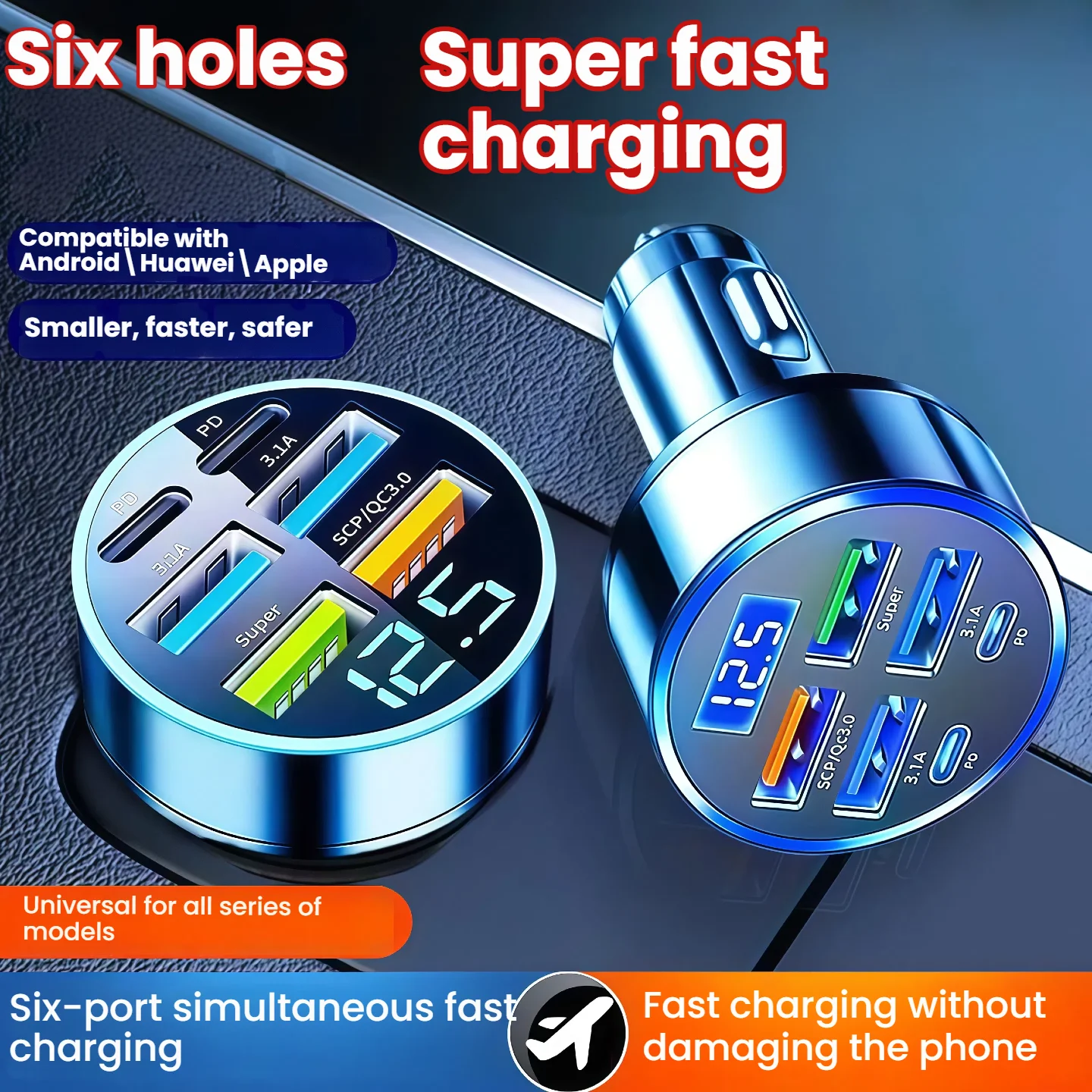 Superschnelles 6-in-1-Autoladegerät mit 4 USB-2-USB-C-Anschlüssen, digitaler Spannungsmonitor für das Laden von Zigarettenanzünder im Auto, 120