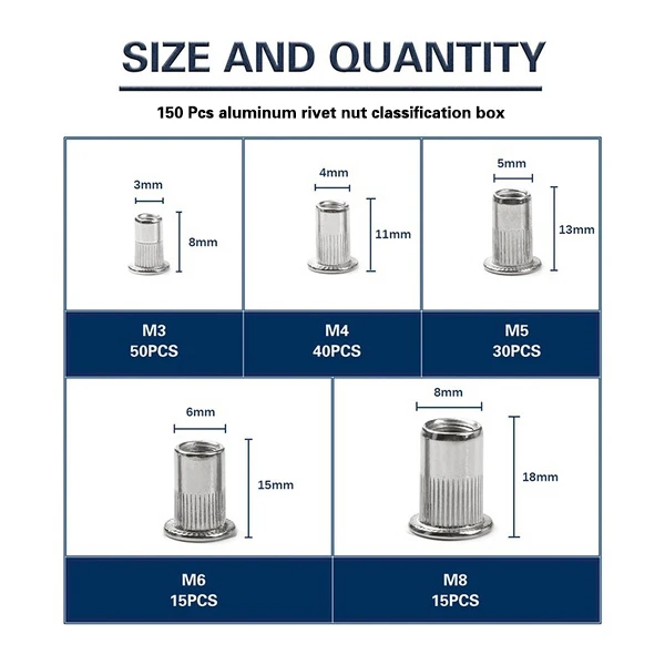 150PCS Rivet Dadi Pinza Mandrino Kit M3/M4/M5/M6/M8 Dado Rivetto Mandrini Strumento di Riparazione Pistola a Teste Piatta Vite Pop Dado Rivetto Pinza Set