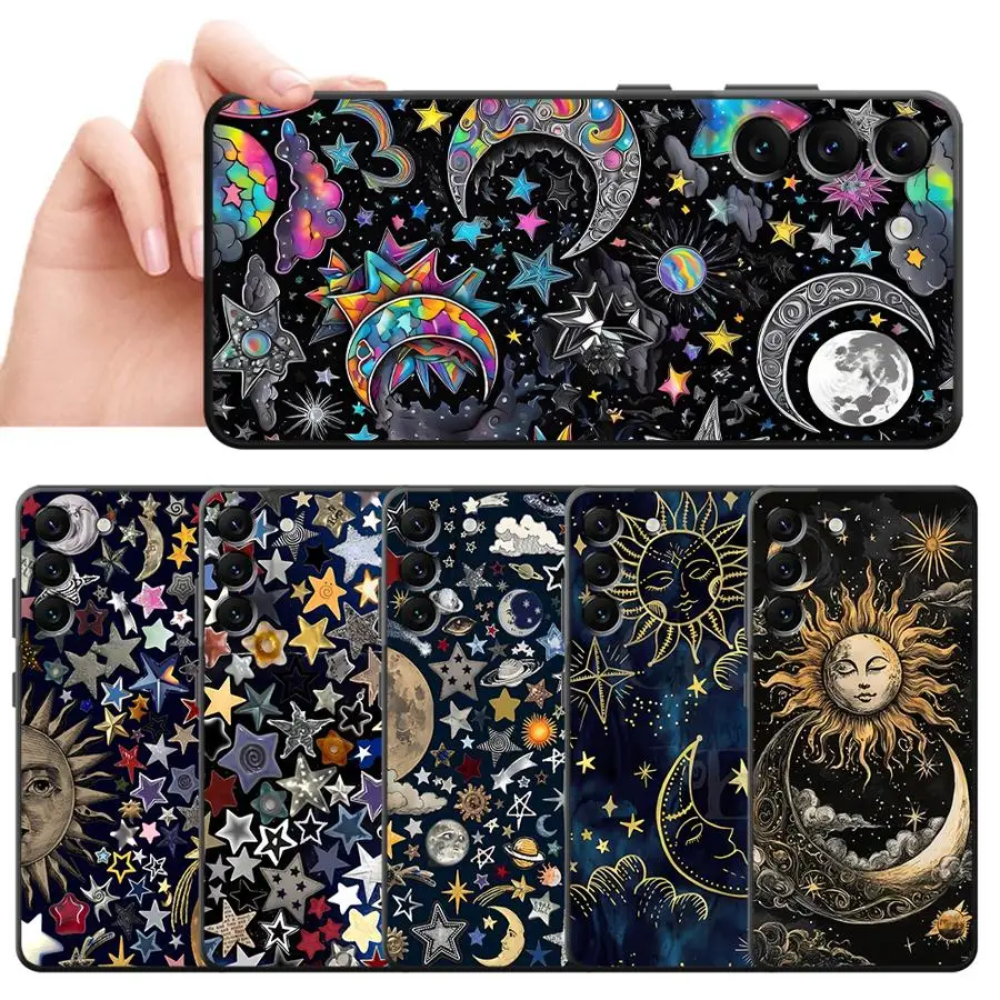 Star Moon Pattern Black Soft Phone Cover Case for Samsung Galaxy Note 9 S9 20 Ultra S8 S10 8 10 Plus