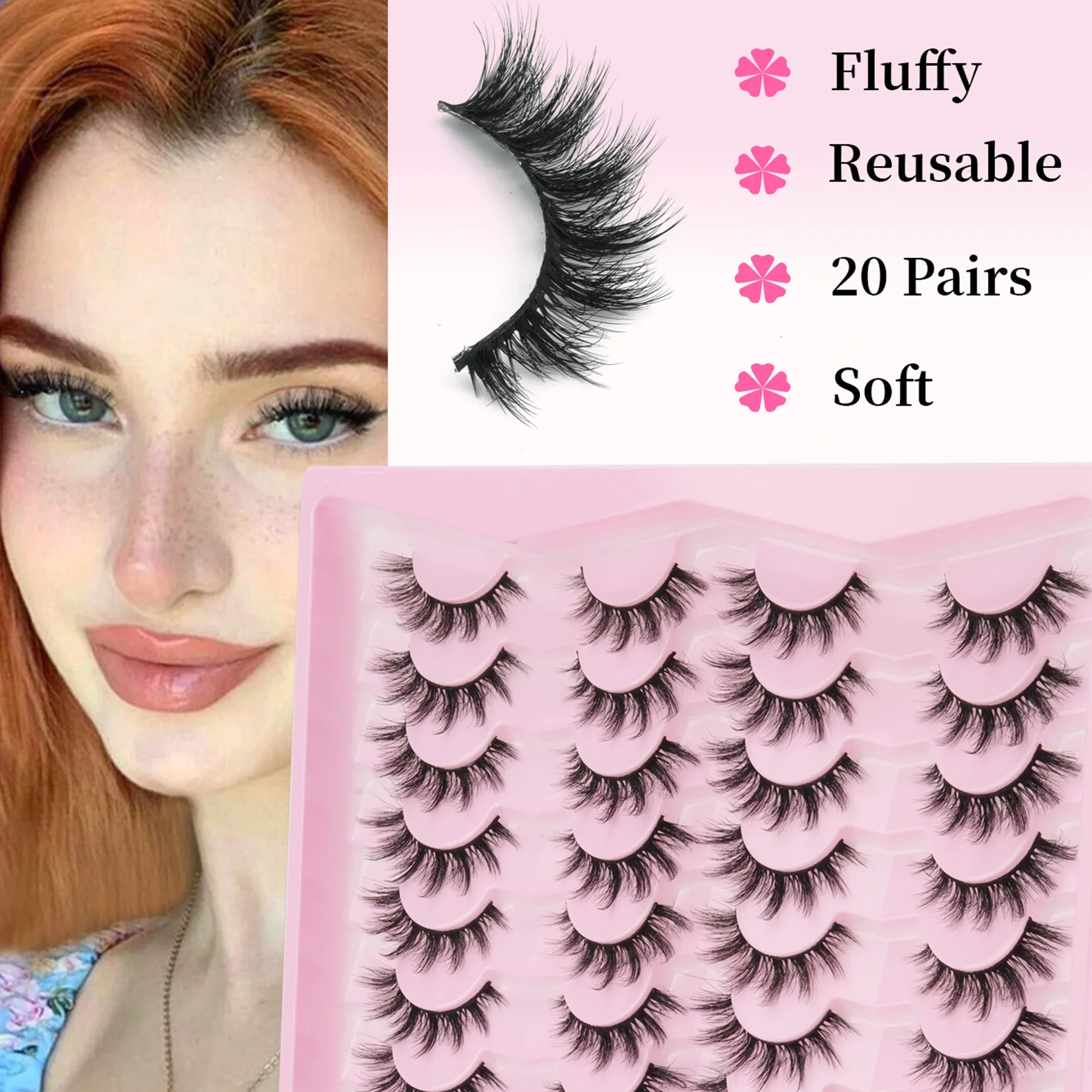 20 Pairs Fluffy Wispy False Eyelashes 3D Faux Mink Strip Lashes Dramatic Voluminous Soft Reusable Eye Makeup Lashes