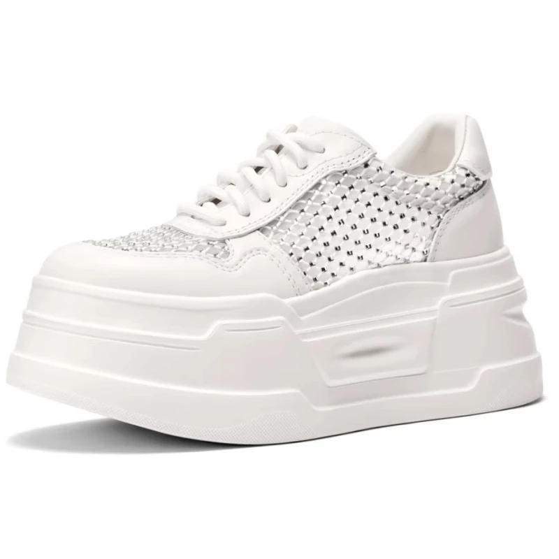 Genuine Leather Mesh Diamond White Shoes Women's Spring Summer Height-increasing Shoe Comfortable Breathable Casual Sports Shoes