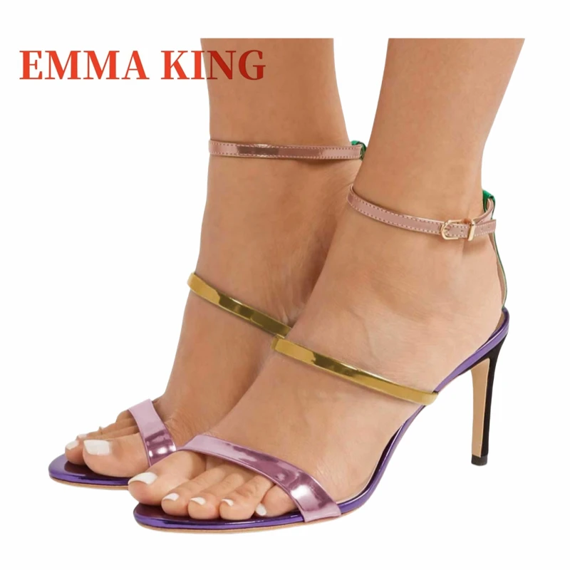 صنادل نسائية متعددة الألوان من الجلد المعدني بكعب ستيليتو مفتوحة من الأمام بحزام الكاحل أحذية رسمية لحفلات الزفاف مقاس 35-44