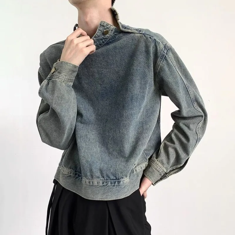 

Autumn Japanese New Concept Pullover Denim Jacket Men's Side Shoulder Buttons Half Open Jean Coat Unisex Loose Stand Collar Tops