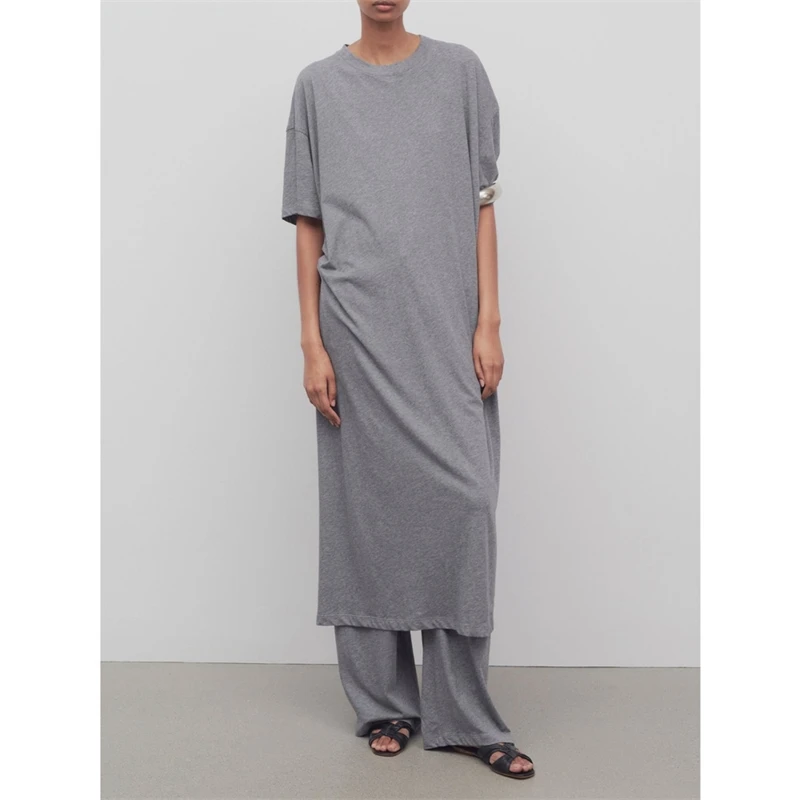 

Women's 100% Cotton Straight Long Robe Minimalist Round Neck 2025 Summer Lady Short Sleeve Solid Color Dress