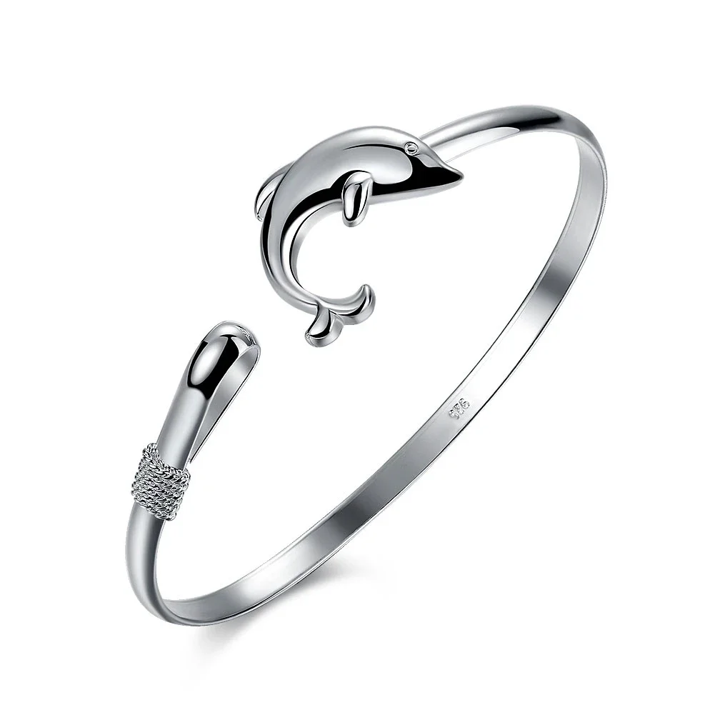 

925 Sterling Silver Dolphin Cuff Bangle Bracelet for Women Fashion Jewelry Wedding Engagement Gift