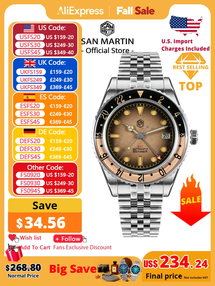 

San Martin 2025 Men's Watches Retro NH34 GMT Sandwich Dial 40mm Bidirectional Sapphire Bezel Luxury Sports Watch 20Bar SN0134