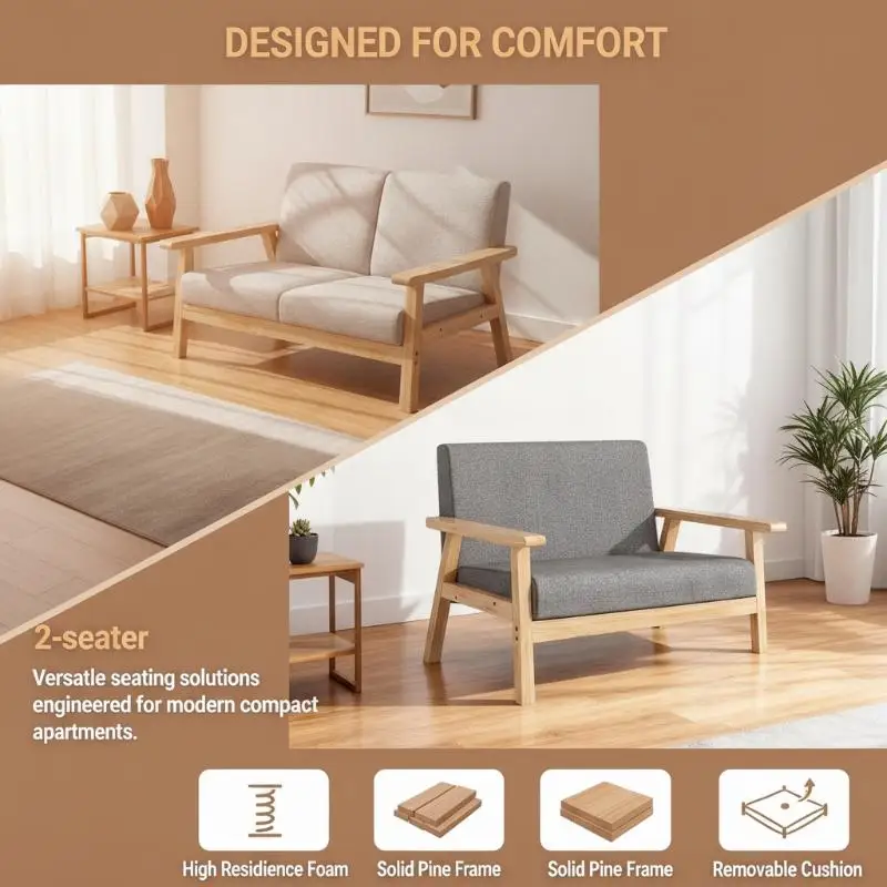 Linen Fabric Sofa Set With Solid Wood Frame Soft Padded Cushion For Living Room Office Apartment