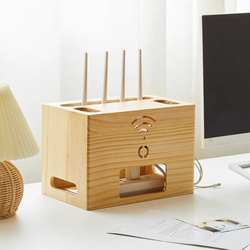

WiFi Router Storage Box Solid Wood TV Set-top Box Living Room Socket Organizer Hollow Out Heat-Dissipating Desktop Decorations