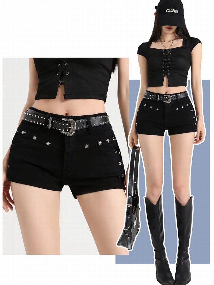 Summer Black  Low Waist Y2K Jean Shorts Women Holiday Punk Gothic Denim Pants Korean Daily Fashion Skinny Strech Shorts+Belt