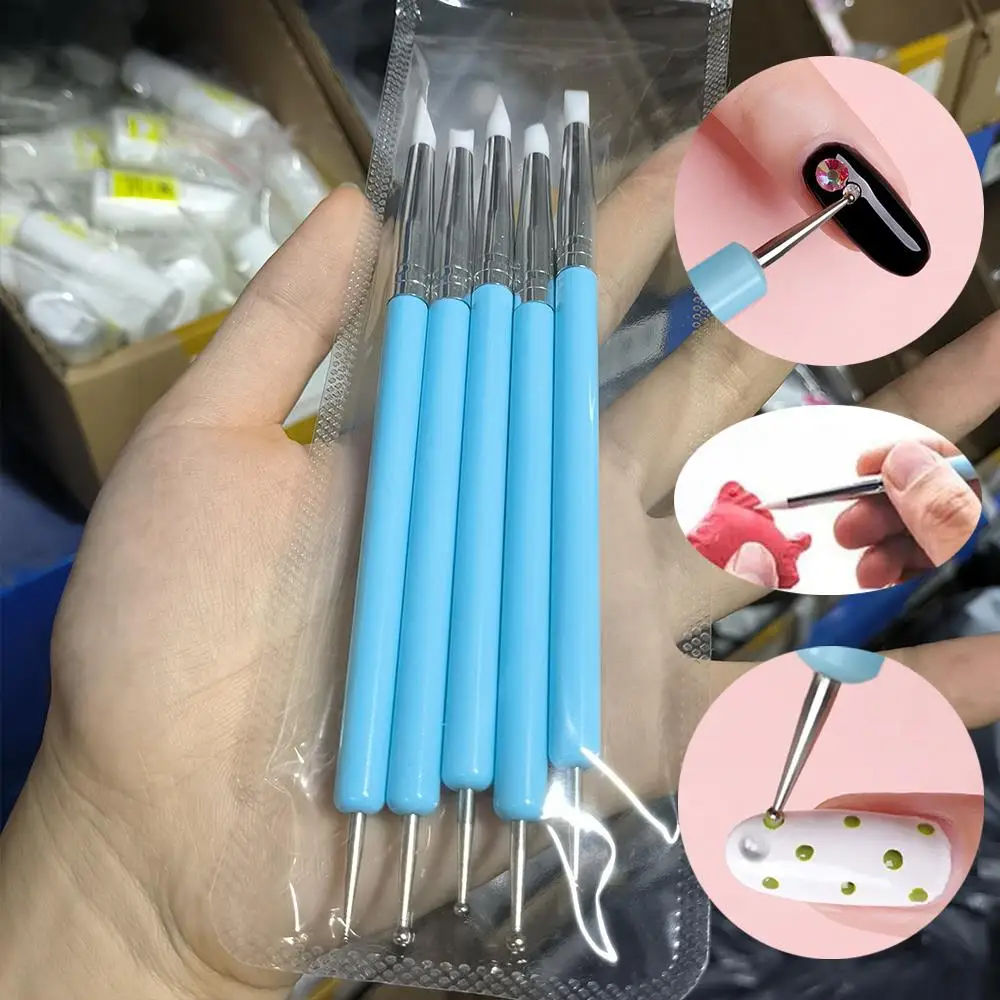 5 sztuk/zestaw Niebieski Silikonowy Pisak do Zdobienia Paznokci z Podwójną Końcówką 2w1 do Rzeźbienia Kwiatów i Nakładania Cyrkonii, Pędzel do Paznokci DIY do Rysowania i Modelowania