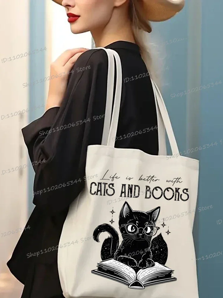 New Cats and Books Pattern Shopping Bags Women Reusable Recycle Bag Bookworm Cat Lover Canvas Shopping Bags Reading Club Handbag