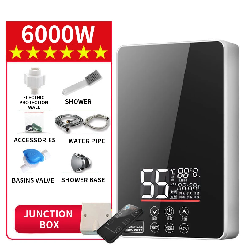 6KW سخانات المياه الكهربائية التدفئة الفورية 3-ثانية دش ساخن للاستخدام المنزلي زر واحد بدء التشغيل إعداد درجة الحرارة الماء الساخن Hea