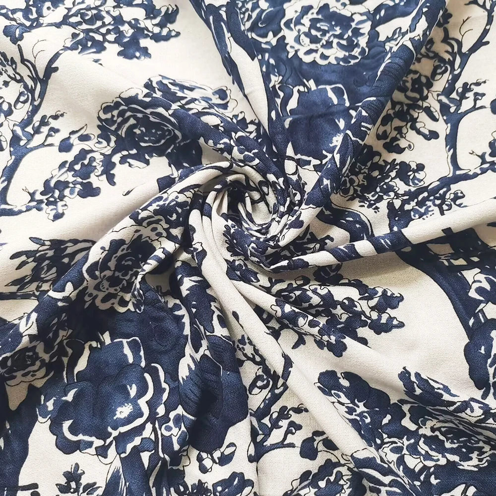 1 meter X 1.4 meter Blue White Trees Cotton Linen Fabric Home Upholstery Sewing Material Natural