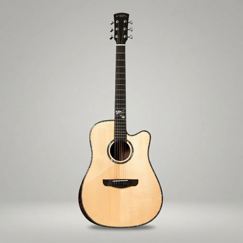Dreadnought Cutaway Acoustic Guitar,Solid Spruce Top,Rosewood Body,Decorative Inlay,Great For Hobby Guitar Practitioners