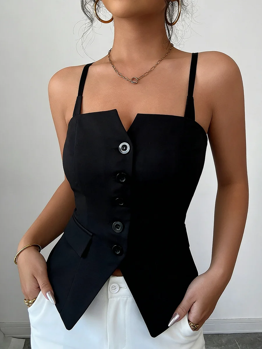 Camiseta sin mangas con tirantes estilo espagueti, estilo sexy, corte ajustado y cuello corazón para el verano
