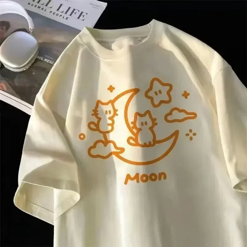 

Cartoon Cat Personalized Short-sleeved T-shirt 2025 New American Style Ins Summer Women's Street Trend Casual T-shirt
