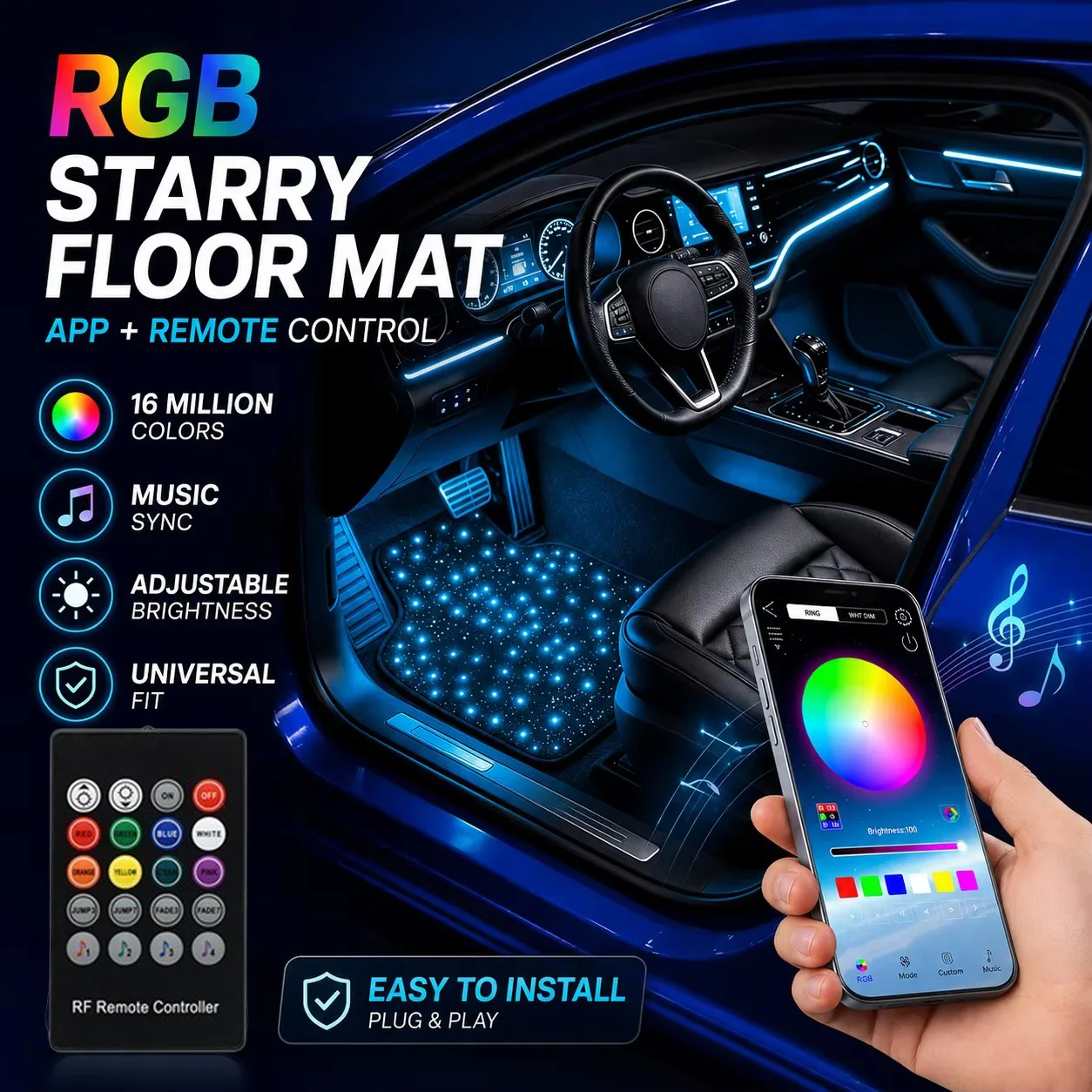Star Light Car Floor Mats Interior Ambient Lighting LED Galaxy Light Up Car Mats Floor Carpet Starlights For Car