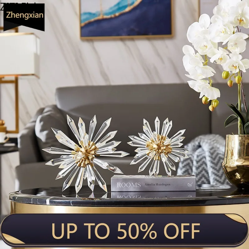 Creative Crystal Sea Urchin Sculpture Abstract Artwork Metal Ornaments Desk Decoration Crystal Flower Ball Statue Modern Decor