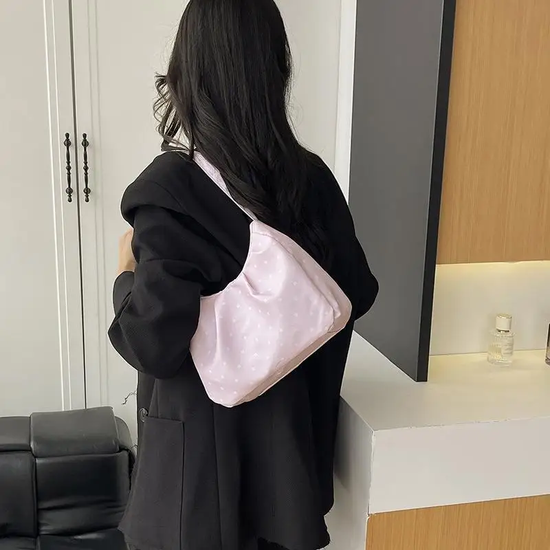 White Polka Dot Shoulder Bag Soft Lightweight Fabric Large Capacity Casual Handbag for Women Travel Weekend Outing