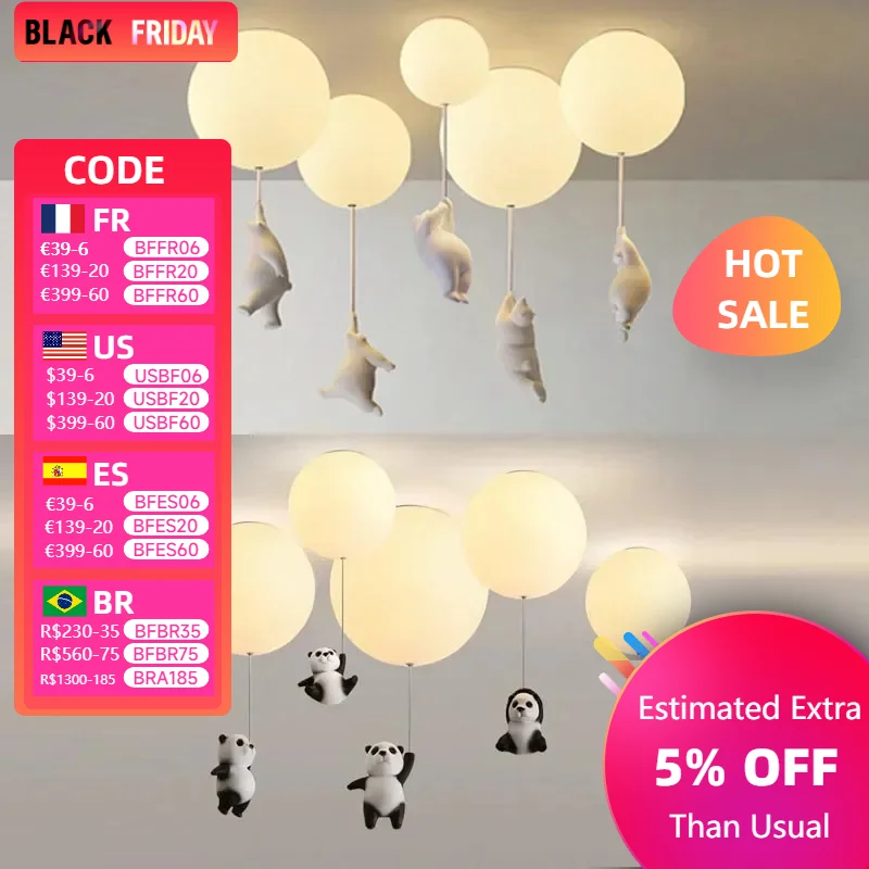 Panda LED Hanging Chandelier Balloon Light Cartoon Bear Kid's Bedroom Living Room Decor Aisle Pendant Lamps Preschooler Fixtures