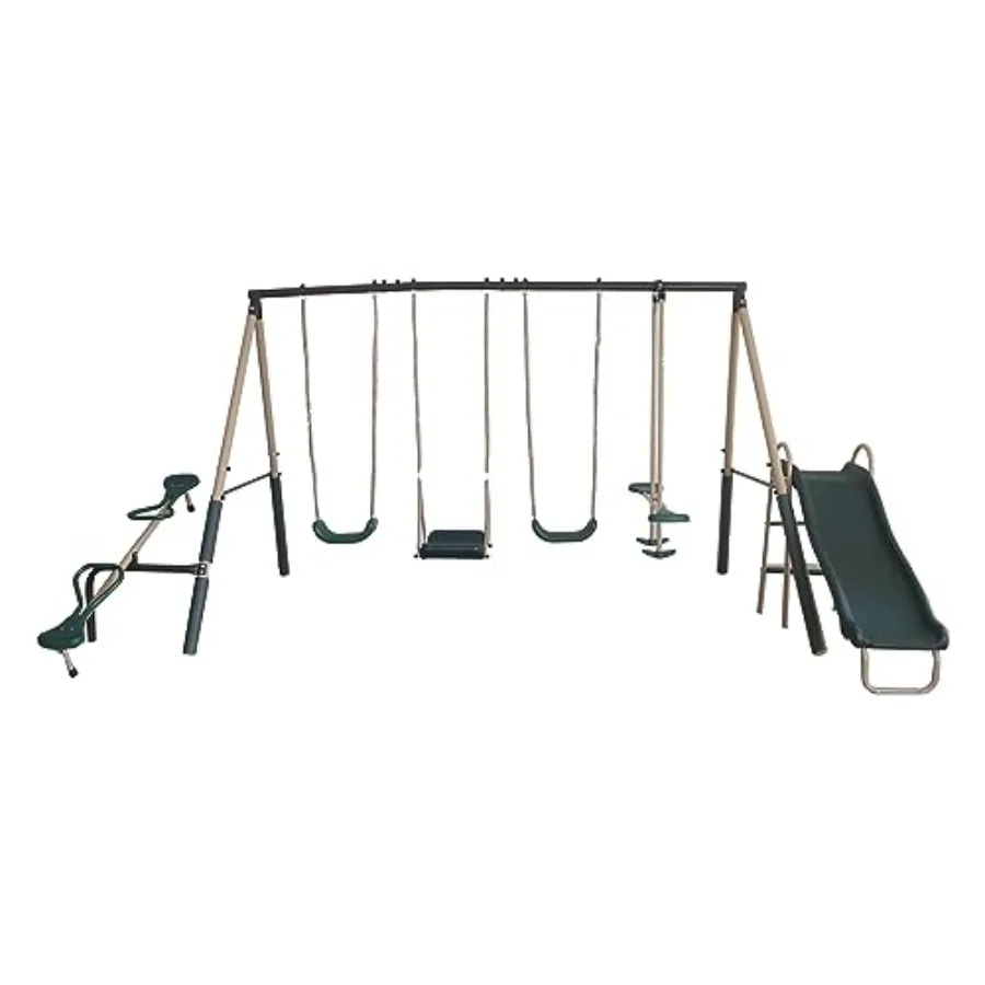 

Crestview Outdoor Play Металлический игровой набор для заднего двора Качели с 2-мя качелями Слайд-подставка N Качели Веселый планер и см. Пила Зеленый Тан для