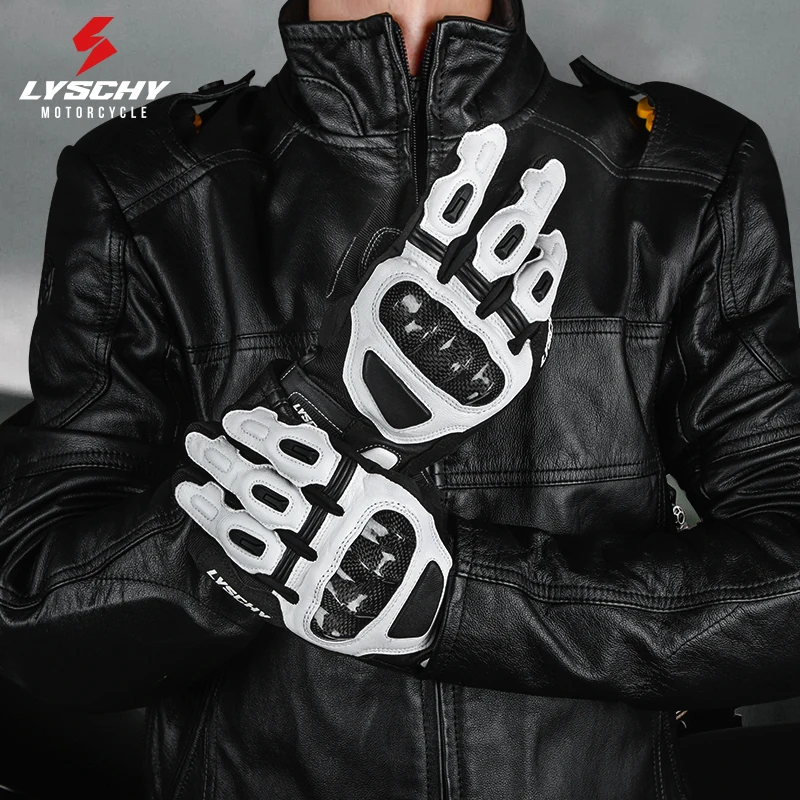 

LYSCHY Motorcycle Leather Gloves Summer Breathable Wearable Carbon Fiber Shell Protective Motorcycle Full Finger Gloves