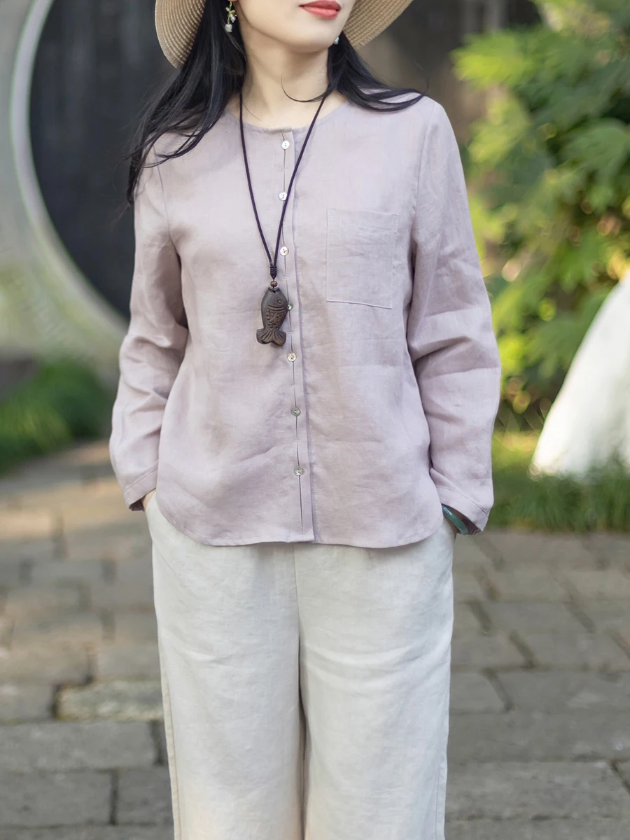 

Льняная рубашка в стиле ретро, женская рубашка с длинными рукавами и воротником-стойкой, легкий универсальный кардиган с эффектом поглощения кислорода, топ-кардиган