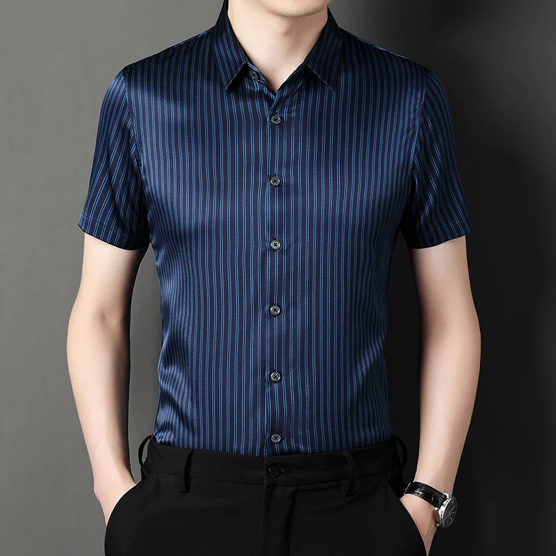 

Soft Skin-Friendly Real Silk Shirts For Men Short Sleeve Striped Summer Quality Fashion Casual Oversized Easy Care Chemise Homme