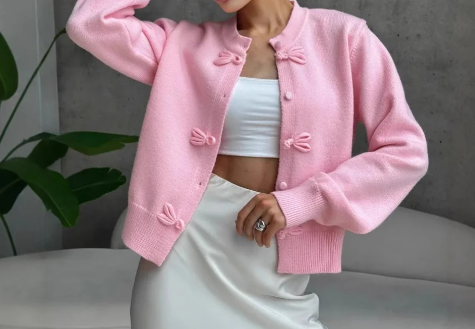 

2025 Women's Round Neck Loose Casual New Sweater Bow Button Cardigan
