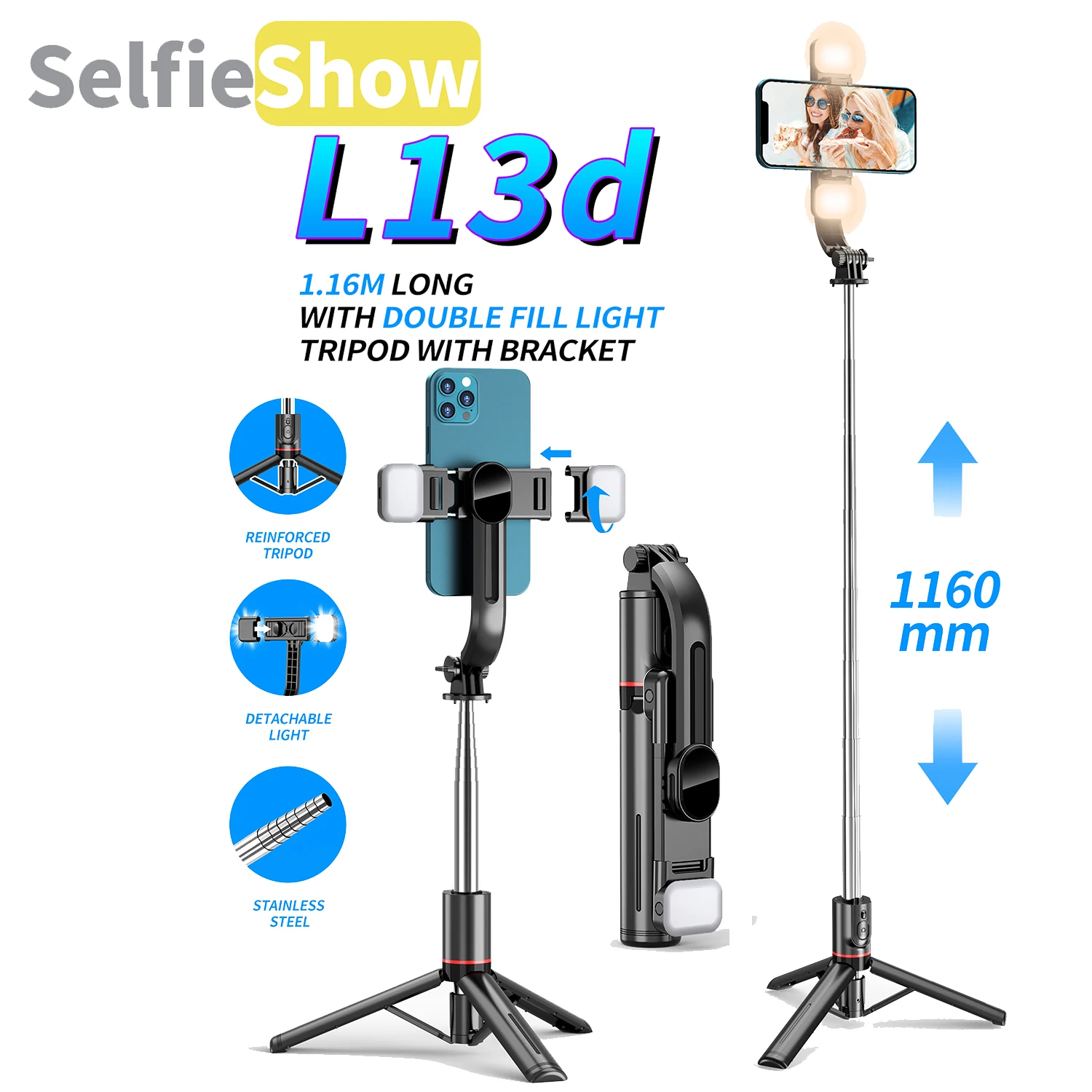 

Selfieshow L13d Front Rear Fill Light Bracket Bluetooth Tripod Selfie Stick 1160mm Tripe Stabilizer for Android IOS Cellphone