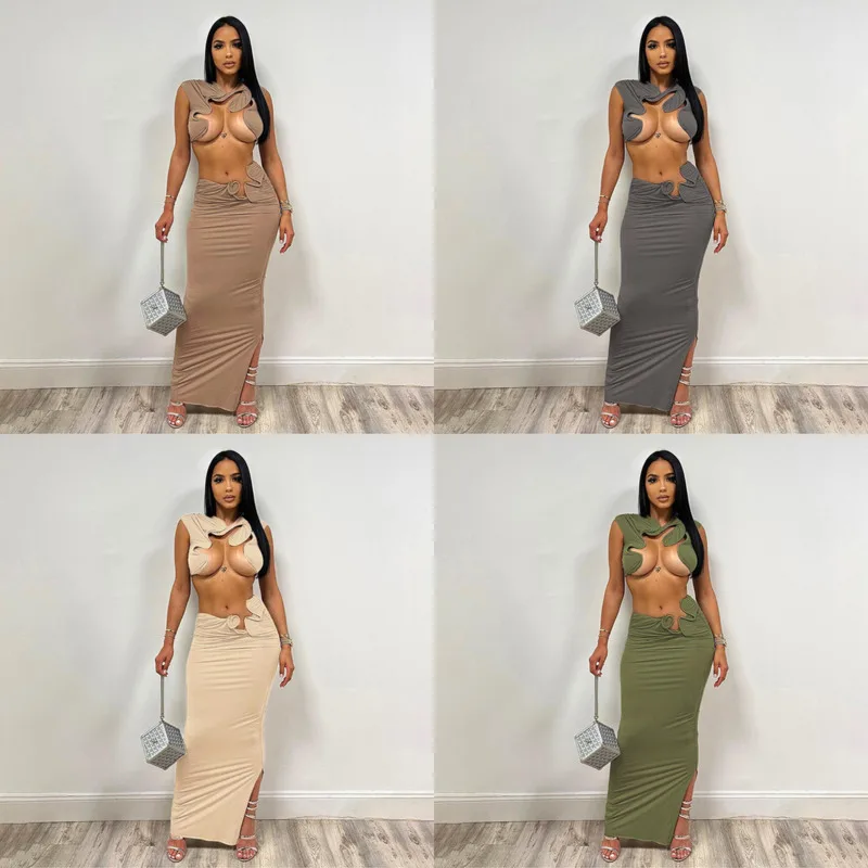 Sexy Style Hollow Out Hip Wrap Skirts Suits Casual Slim Fit O-Neck Sleeveless Navel Exposed Suit Chest Wrap Solid High Waist Set