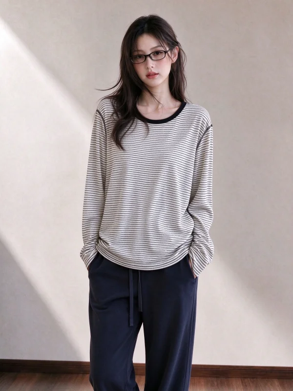 Loose Long Sleeve Striped T-Shirt Women's Autumn Casual Style High Waist Slimming Effect Comfortable Breathable Skin-Friendly
