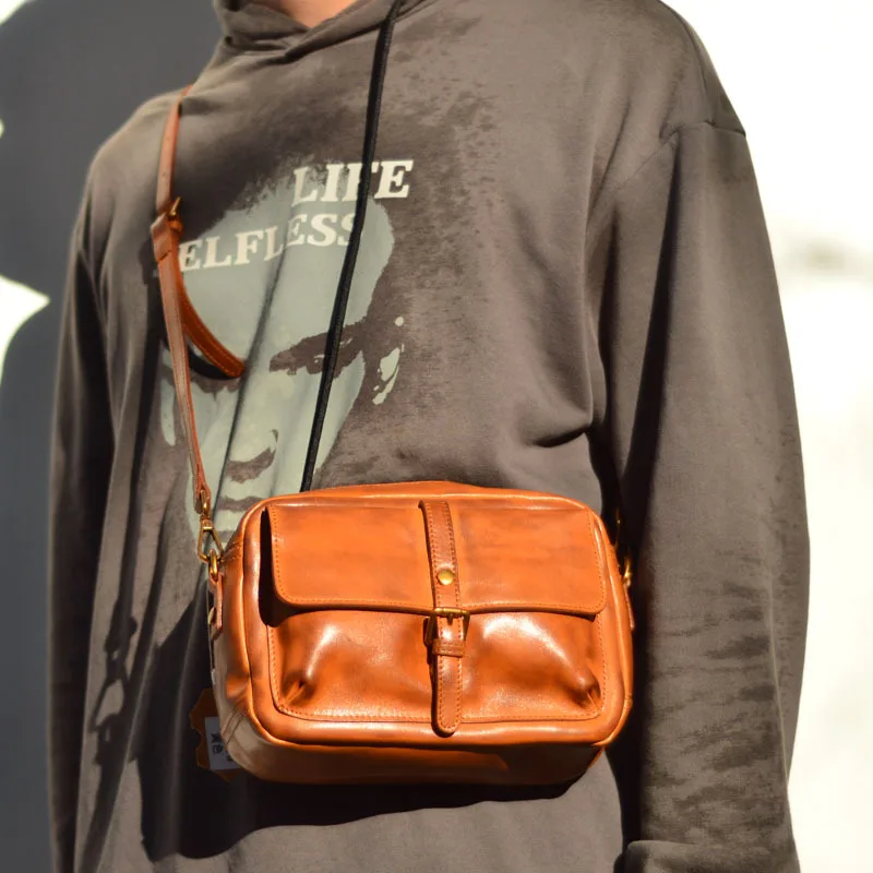 Retro Genuine Leather Crossbody Bag Small Square Tanned Cowhide Shoulder Japanese Style Top Layer Cowhide Messenger Bag Commu...