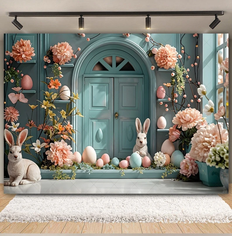 Spring Easter Rabbit Flowers Backdrop Bunny Eggs Arch Door Flower indoor Kids Birthday Cake Smash Photography Background Decor